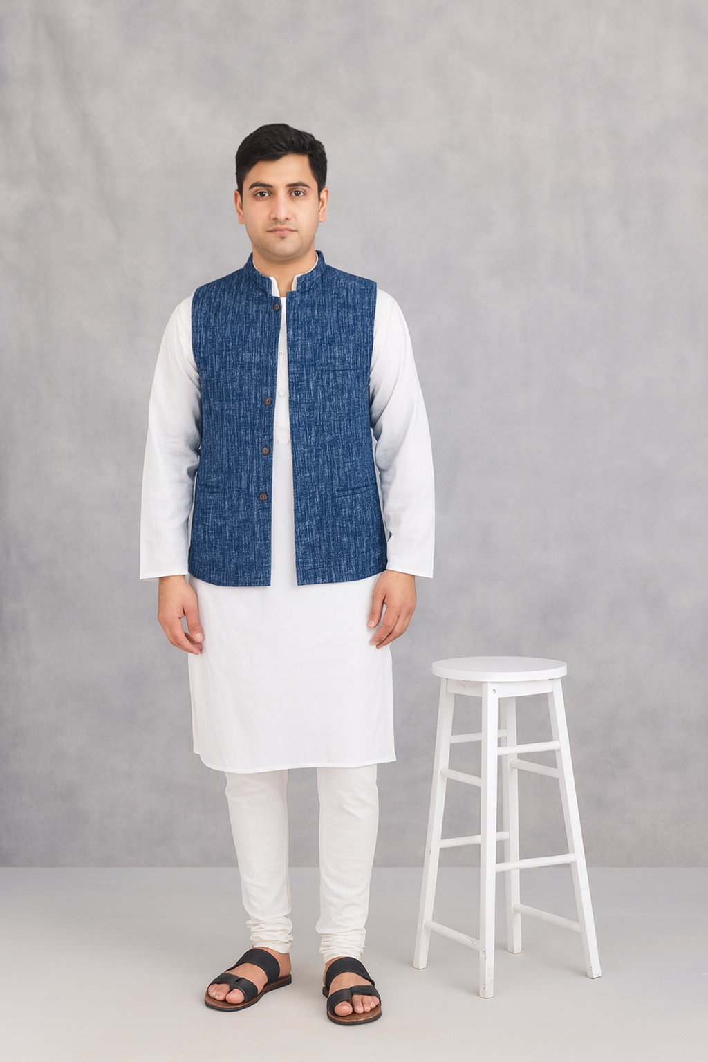Indigo Cotton Dabu Printed Nehru Jacket