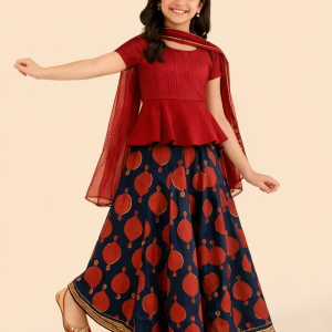 Indigo Rayon Blend Dabu Printed 3pc Lehenga Set